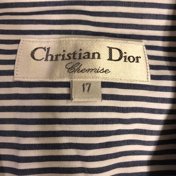 Christian Dior Chemise Blue SS Stripe Shirt 17” Classic Designer Cotton Career - Picture 2 of 2